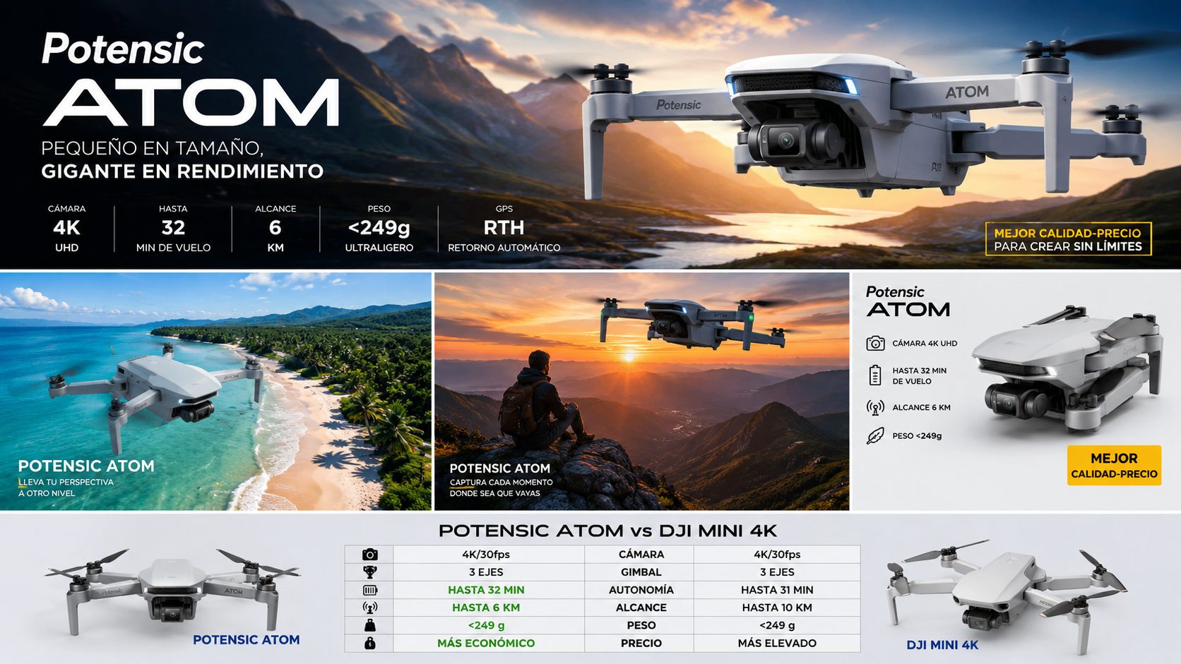 El Potensic ATOM Drone destaca como uno de los modelos con mejor relación calidad-precio del año gracias a su cámara 4K estabilizada, 32 minutos de vuelo y GPS con retorno automático.